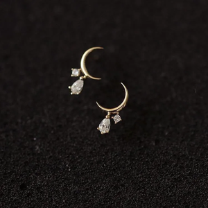 Pair of gold earrings with teardrop-shaped stones on a black background